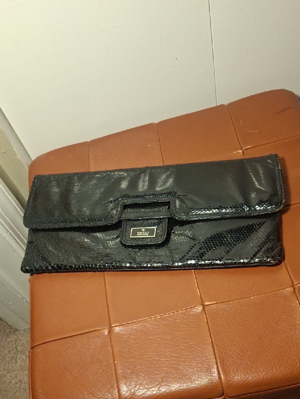 Upcycle Gucci Black Patent Snakeskin Flap Clutch